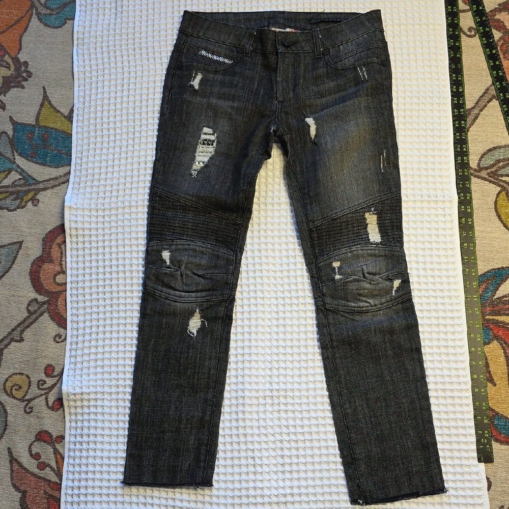 Men's Dark Gray Black Distressed Moto Skinny Jeans Sz 28 Unisex Style